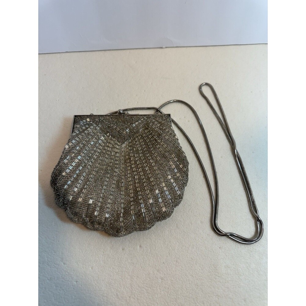 Vintage Silver Beaded Evening Bag | Art Deco Style Scalloped Clutch with Chain
